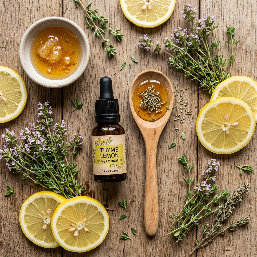 Bottle of thyme lemon honey essential oil with fresh thyme, lemon slices, honey, and wooden spoon on wooden surface