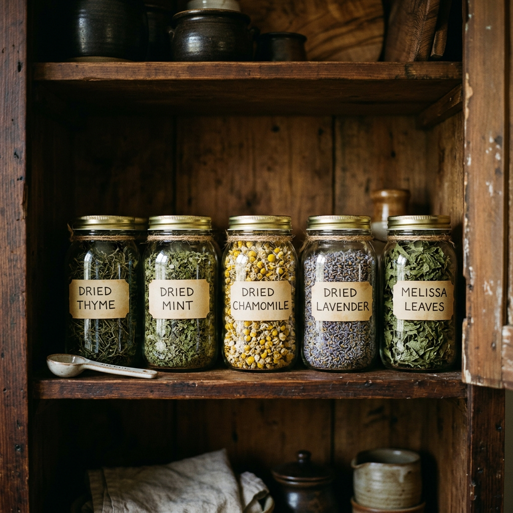 Five labeled jars of dried thyme, mint, chamomile, lavender, and melissa leaves